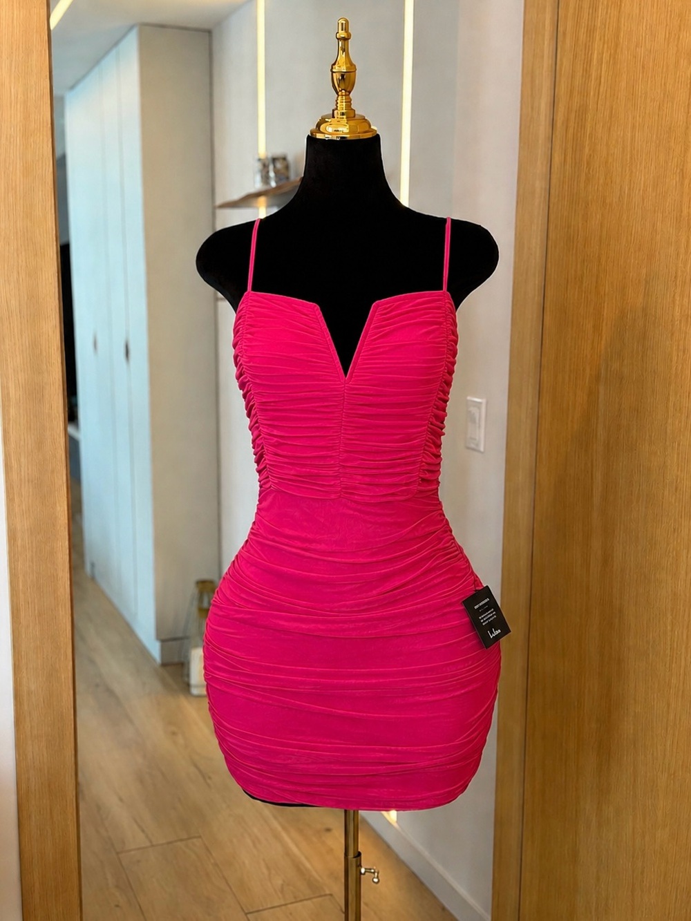 Lulu's Hot Pink Ruched Spaghetti-Strap Mini Dress